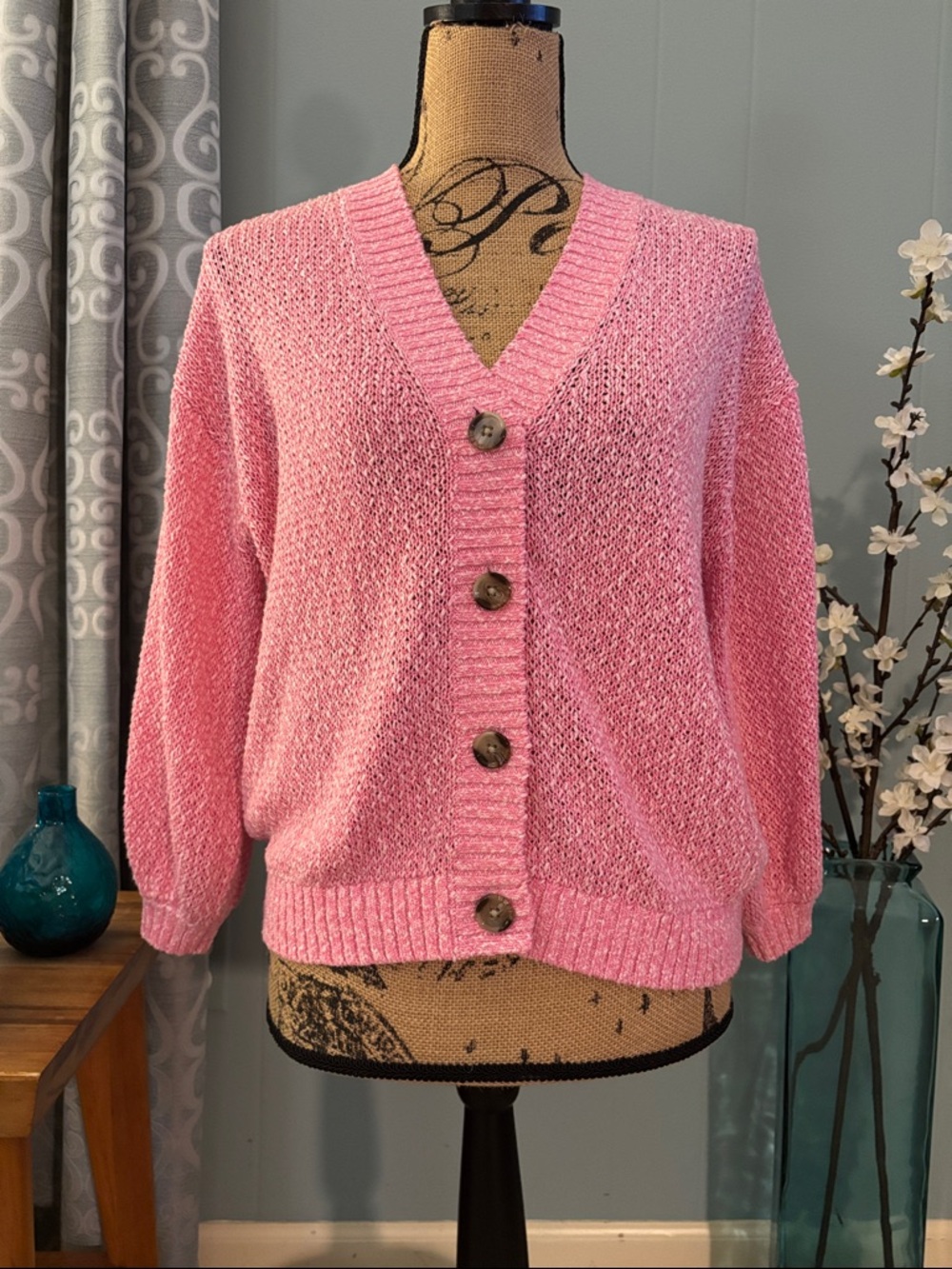 Loft Marled Open Stitch Ballon Sleeve Cardigan